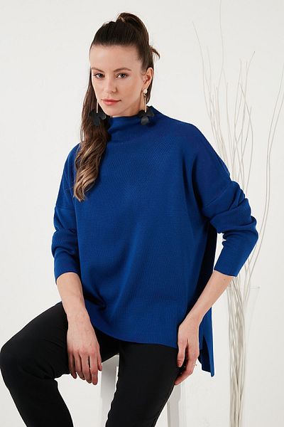 Lela Women's Navy Blue Long Back Cotton High Collar Sweater 4615002