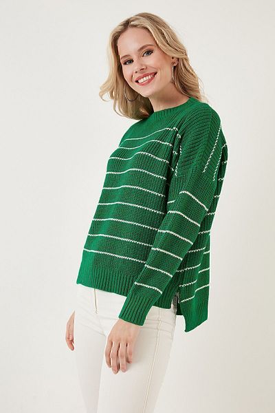 Lela Striped Long Back Crew Neck Knitted Sweater SWEATER 4616133