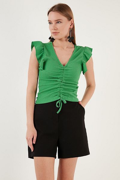 Lela Ruffle Detailed Slim Fit Crop Blouse with Ruffled Sleeves Blouse 5865015
