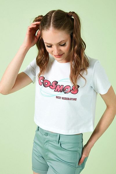 Lela Tricou cu decolteu alb cu imprimeu pentru femei, 100% bumbac 6001011