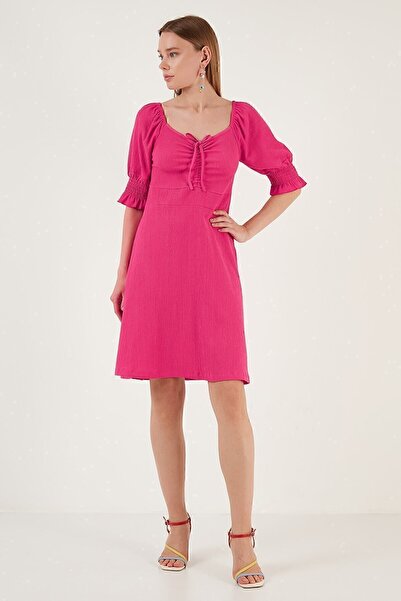 Lela Crinkle Gathered V-Neck Sleeves Gipe Dress Dress 5865034