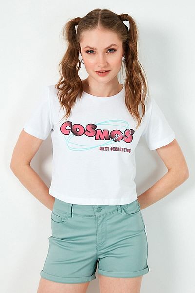 Lela Tricou cu decolteu alb cu imprimeu pentru femei, 100% bumbac 6001011