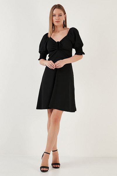 Lela Crinkle Gathered V-Neck Sleeves Elastic Dress 5865034