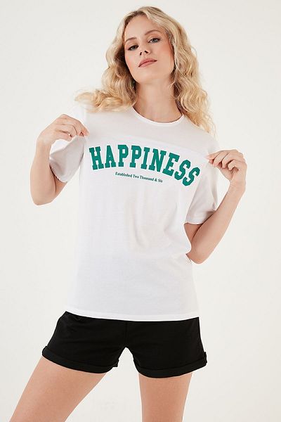 Lela Tricou Imprimat Bumbac Oversize Decolteu Crew Tricou 541HAPPINESS