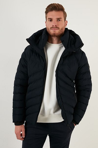 Buratti Slim Fit Hooded Stand Collar Winter Coat with Pockets Men's Coat 6274909