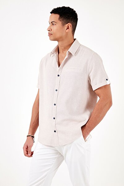 Buratti % 100 Pamuk Keten Görünümlü Slim Fit Kısa Kollu Gömlek Erkek Gömlek Cf21s111766