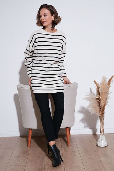 Lela Crew Neck Striped Knitwear Sweater - Modest 4616161