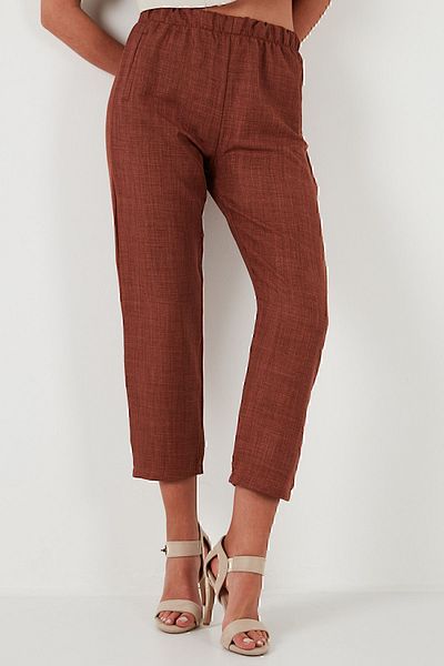 Lela Λινό Look ελαστικό παντελόνι μέσης - 5865797
