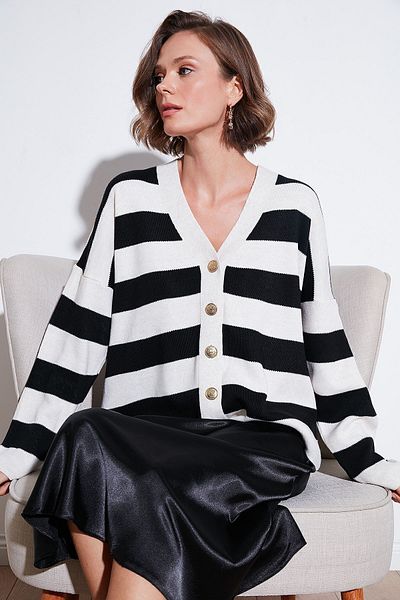 Lela V-neck Striped Soft Acrylic Cardigan - Regular Fit Cardigan 4615188