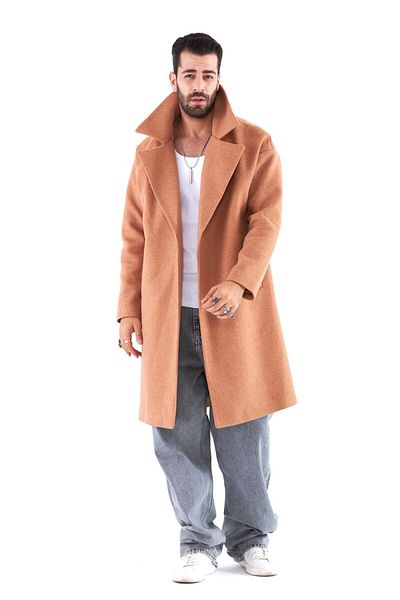 THIMOON Brown Wool Blended Oversize Long Non-Closing Coat Overcoat