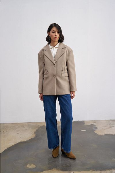 Quzu Elastic Waist Stitched Blazer Jacket Beige