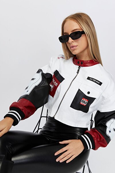 Black Level Jachetă de blugi supradimensionată pentru femei, cu mâneci din piele, cu fermoar, haine de motociclist, jachetă de curse cu imprimeu