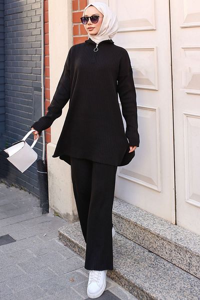 benguen Corded Knitwear Set 3062 - Black, Zipper Detailed