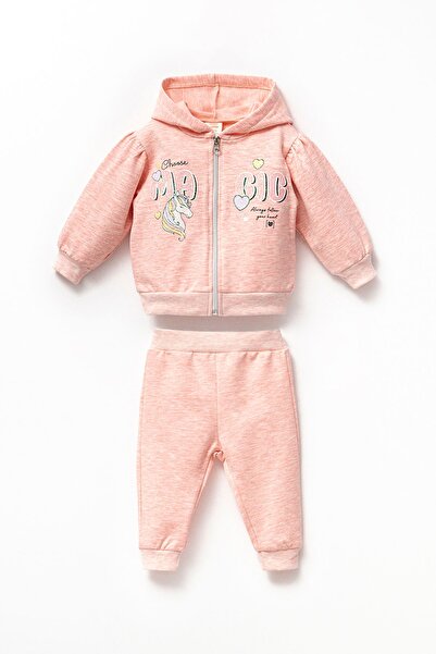 Minipodyum Şardonlu 2 İplik Kız Bebek Fermuarlı Kapşonlu Pamuklu Alt Üst Takım