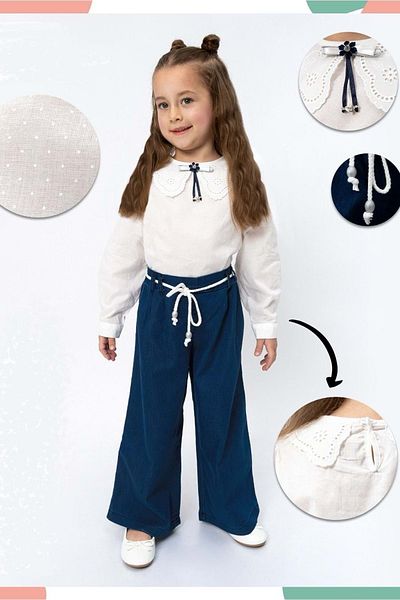 Mnk Baby&Kids بدلة بناتي من الجينز بأرجل واسعة وقميص منسوج MNK2117 ECRU