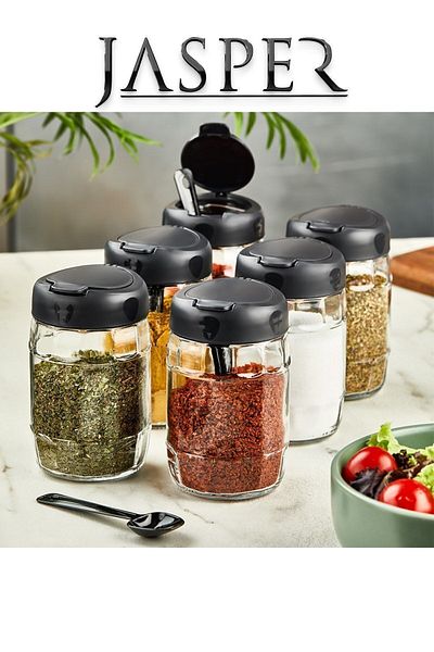 JASPER JPR-0102 6 Pieces 370mm Multi-Purpose Glass Salt Bowl with Spoon and Opening Lid Pepper Shakers Spice Set