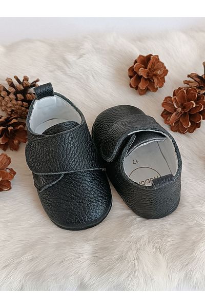Hodore Black Genuine Leather Velcro Baby Shoes