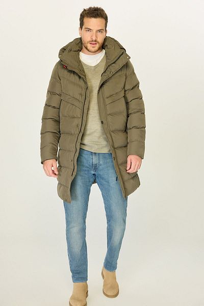 D1fference Khaki Puffer Parka – pánský dlouhý zimní kabát s kapucí, větruodolný, vlákny