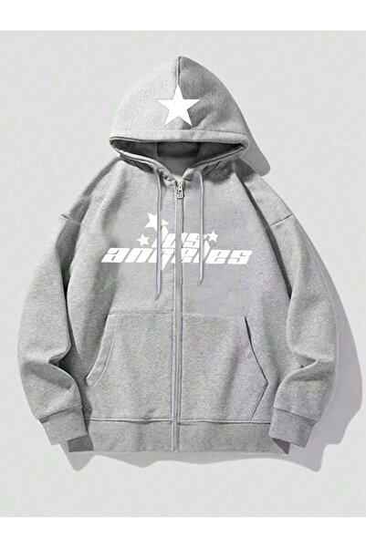 Relax&Basic Unisex Koyu Gri Kapüşonlu Nakış Baskılı Fermuarlı Sweatshirt