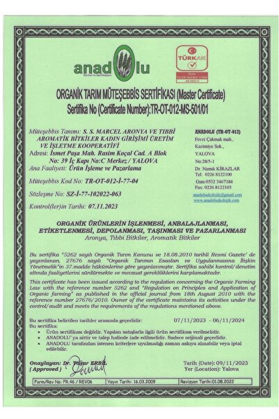 Marcel Aronya Tıbbi ve Aromatik Aronya Meyvesi 0,5 Kg - Organik Sertifikalı Coğrafi Işaretli Yalova Aronyası