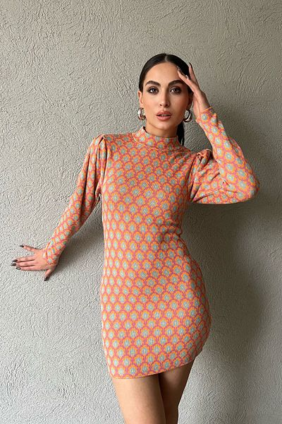 Seda Yalçın Atelier Half Turtleneck Orange Patterned Dress