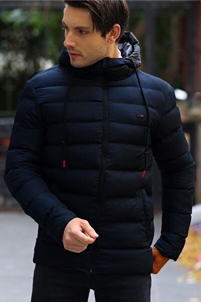 QAWWA Ανδρικά χειμωνιάτικα φουσκωτά παλτό με αντιανεμική κουκούλα με μπλέ Navy επένδυση
