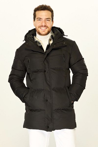 D1fference Men's Black Inflatable Parka - Hooded, Fiber Filled, Warm, Windproof