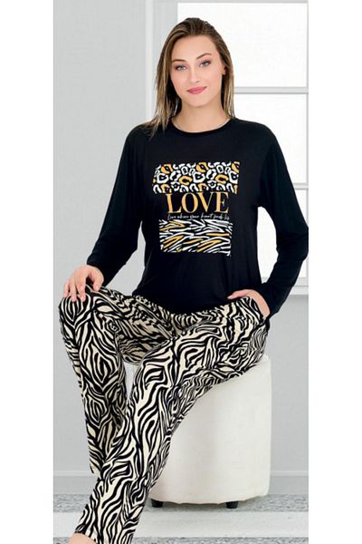 Cooqpoo Set de pijamale din bumbac pieptănat M-L-XL cu model Love Yellow pe negru