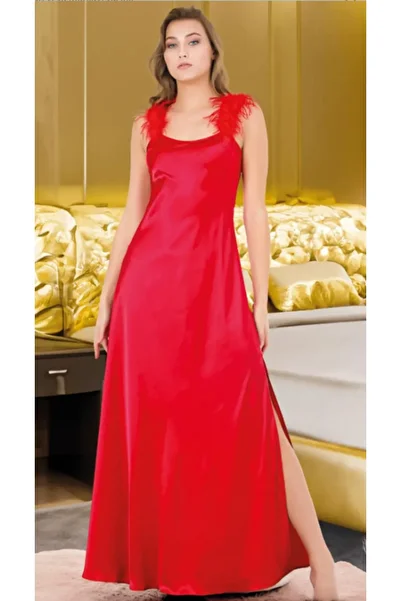 Cooqpoo Red Tulle Sleeves S-M-L-Xl Size 2 Pieces Straps Long Slit Dressing Gown