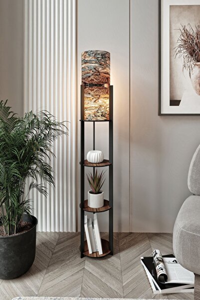 Halımax Dora Ahşap Yuvarlak Raflı Mist Modern Dekoratif Lambader