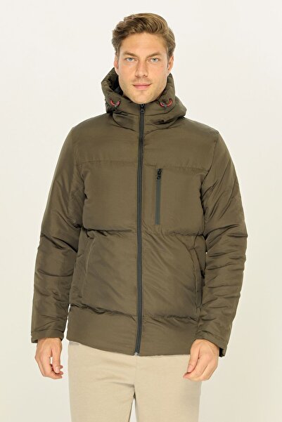 RİVERCLUP Erkek Haki Elyaflı Kapüşonlu Rüzgar Geçirmez Şişme Kışlık Mont