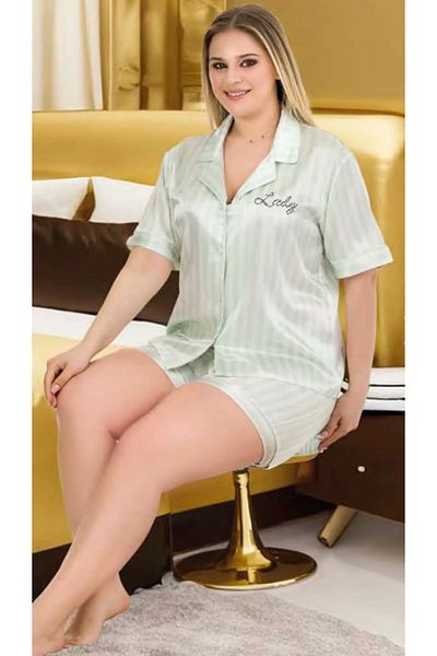 Cooqpoo 2Xl-3Xl-4Xl Größe Water Green Striped Shorts Pyjama Set