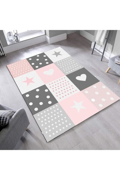 Halımax Cino 64 Antialerjik Kalpli Yıldızlı Çocuk Odası Halısı Gri Pembe
