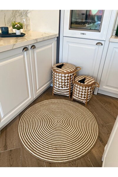 Halımax Milda 74 Jüt Hasır Örgü Yuvarlak Çift Taraflı Kilim Dekoratif Bohem Jüt Halı Balkon Antre Halısı