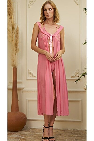 Cooqpoo Κομψό νυχτικό από τούλι με χοντρό λουράκι, διαφανές ροζ σχιστό, γυναικείο μέγεθος S/m-l/xl