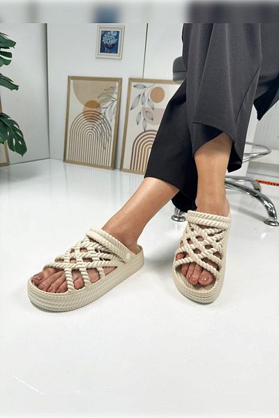 Nstil Beige Colored Women's Sea Sandals - Slippers with Knitted Detail, Thick Sole, Oval Toe 810