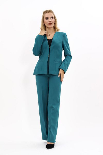 ÖNDER ÖZSOY V-Neck Long Jacket & Wide Leg Pants Set-Petrol