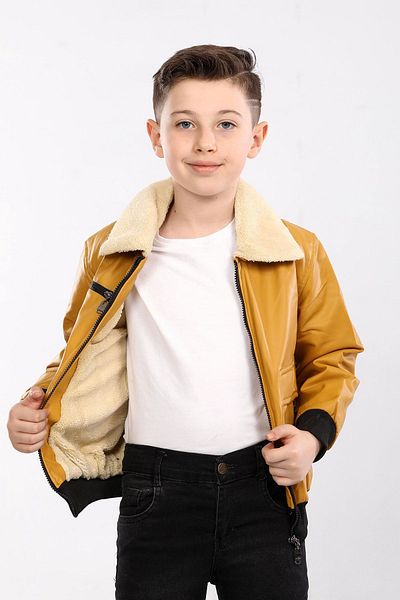 Go Veform Boy's Sports Jacket - Fur Inside and Collar, Artificial Leather, Mustard Avm130