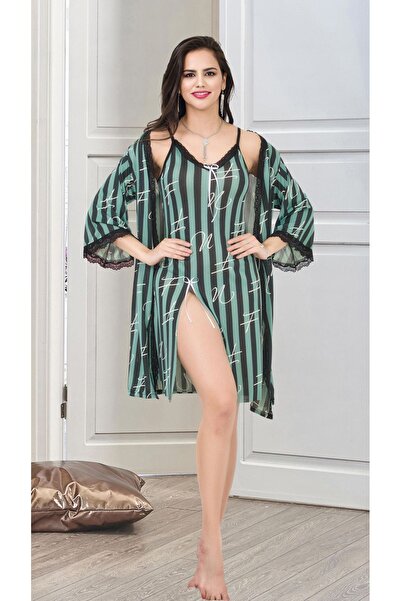 Cooqpoo Set de halate de cămașă de noapte cu bretele subțiri cu dungi verzi, 2 piese, mărimea S/m-l/xl