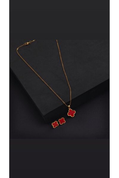 ANGELSS JEWELLERY Kırmızı * Kolye Küpe Seti (YONCA MODEL KIRMIZI ÇELİK KOLYE ...
