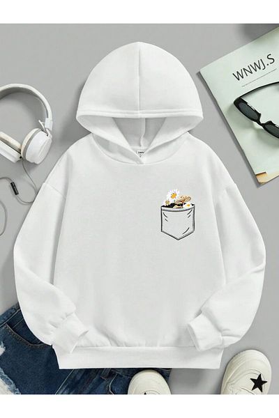 FAVORİST Hooded Sweatshirt - Pocket Flower Print, Oversize Wide Fit
