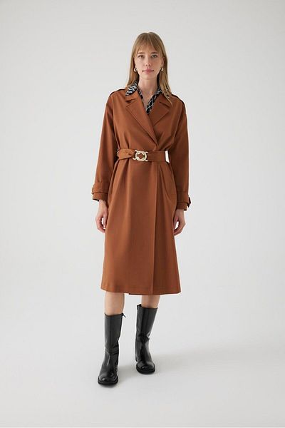 Exquise Cotton Pocketed Regular Camel Trench Coat - Belted