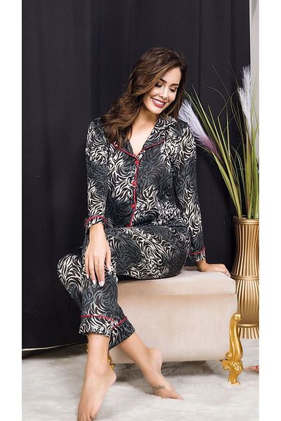 Cooqpoo Set de pijamale pentru femei, cu mânecă lungă, cu nasturi subțiri, cu model în dungi gri, mărimea S/m-l/xl