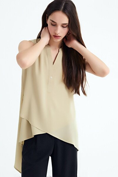 Ottawe Eteği Katlı Asimetrik Anvelop Kesim V Yakalı Sıfır Kol Arkası Uzun Tar...