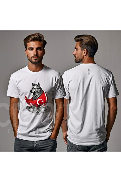 Crea Eymer Wear Tricou din bumbac cu gât roșu cu steagul lupului