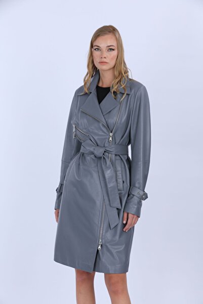 VELLUTON KADIN GRİ HAKİKİ DERİ TRENÇKOT