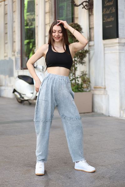 AYASOFYA OTANTIK Gray Antique Loose Cotton Knitwear Women's Trousers - Elastic Waist and Pocket Detailed
