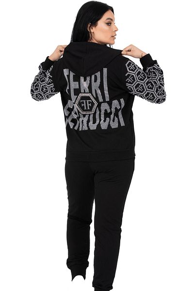 Ferri Ferrucci Hooded Crystal Rhinestone Zippered Cotton Women's Tracksuit Set Plus Size