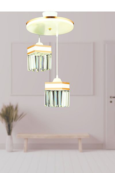 SONSUZ AYDINLATMA&AVİZE Endless 2-Piece White Pendant Lamp with Crystal Stones and Yellow Stripe Square Downward Facing Luxury Chandelier
