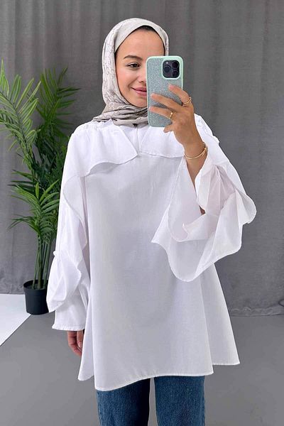 Ka Hijab Cămașă cu detaliu cu volane - albă